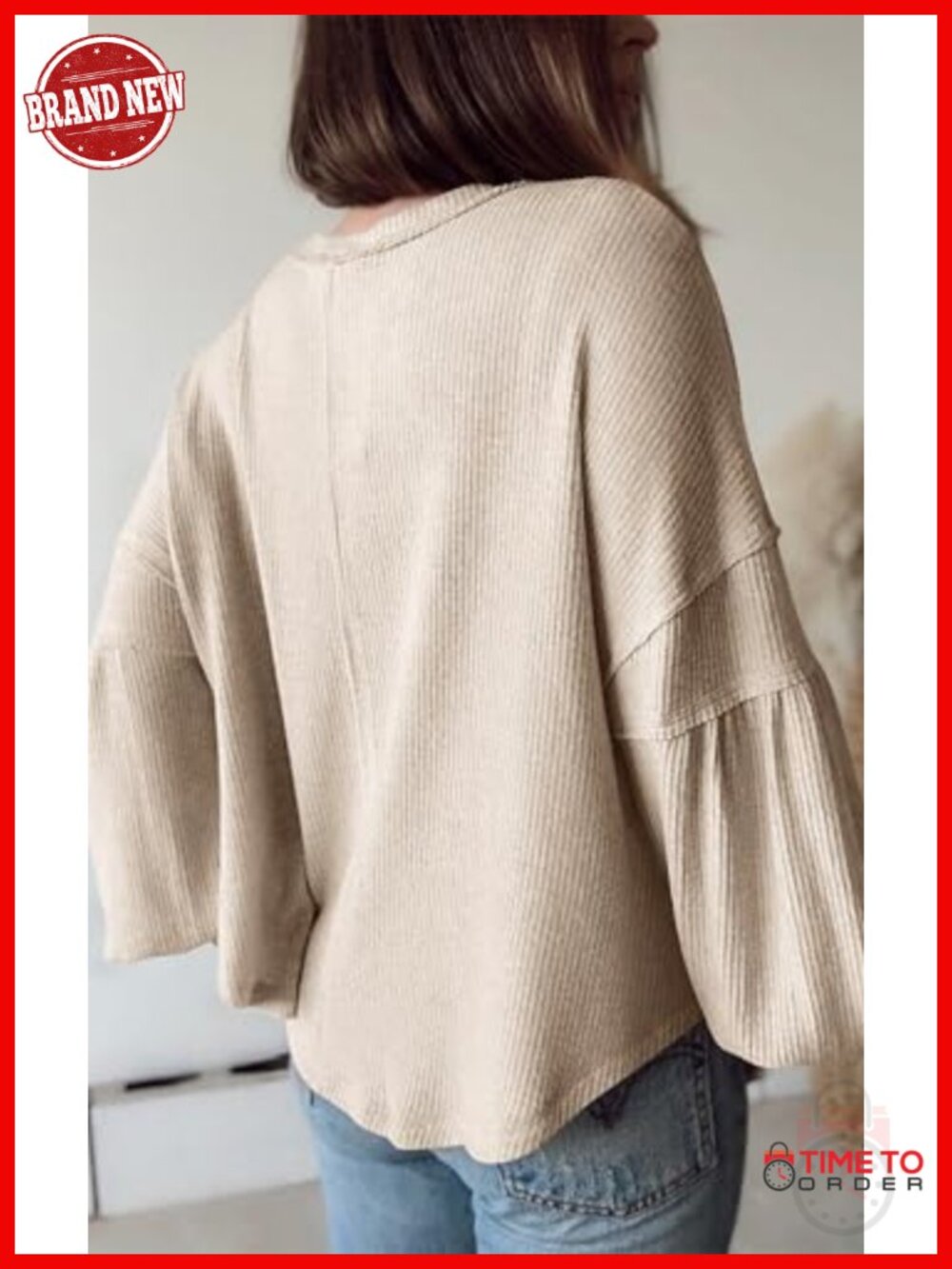 Long Sleeve V Neck Ribbed Knit Blouse Tunic Top Loose Fit Casual Pullover - Picture 2 of 6